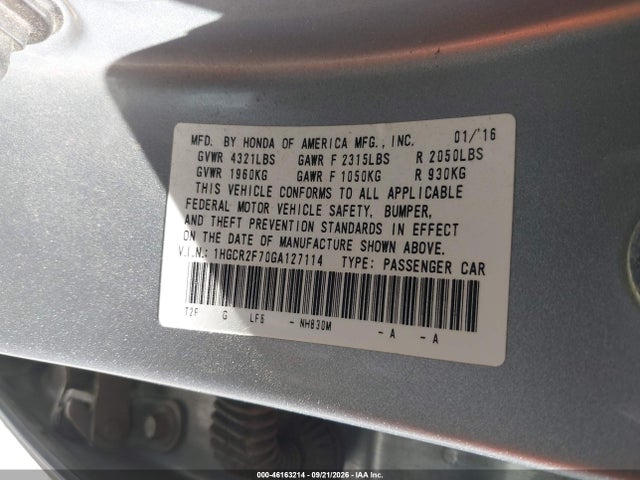 Honda ACCORD EX 2016 1HGCR2F70GA127114 Image 9