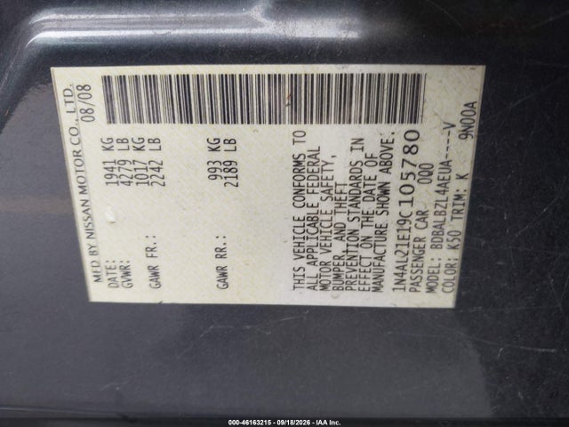 Aukcja sprzedaży 2009 Nissan Altima 2.5 S, vin: 1N4AL21E19C105780, numer aukcji: 46163215