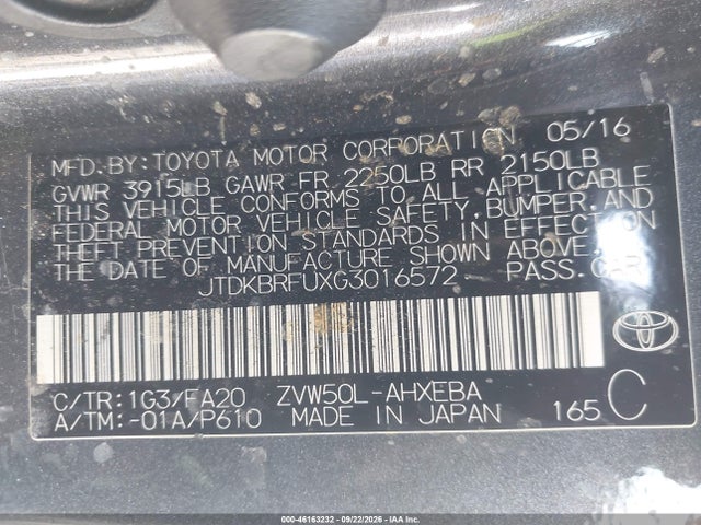 Продаж на аукціоні авто 2016 Toyota Prius Two, vin: JTDKBRFUXG3016572, номер лоту: 46163232