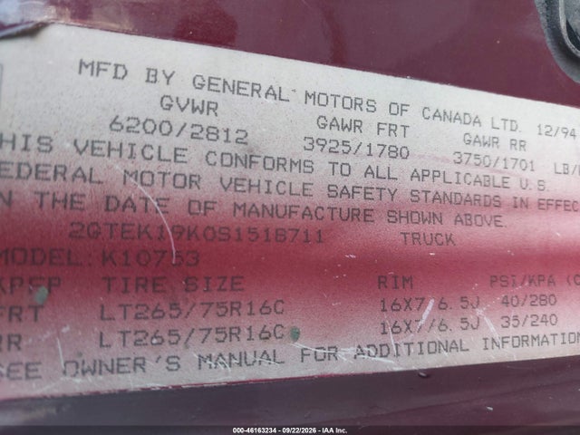 Auction sale of the 1995 Gmc Sierra K1500, vin: 2GTEK19K0S1518711, lot number: 46163234
