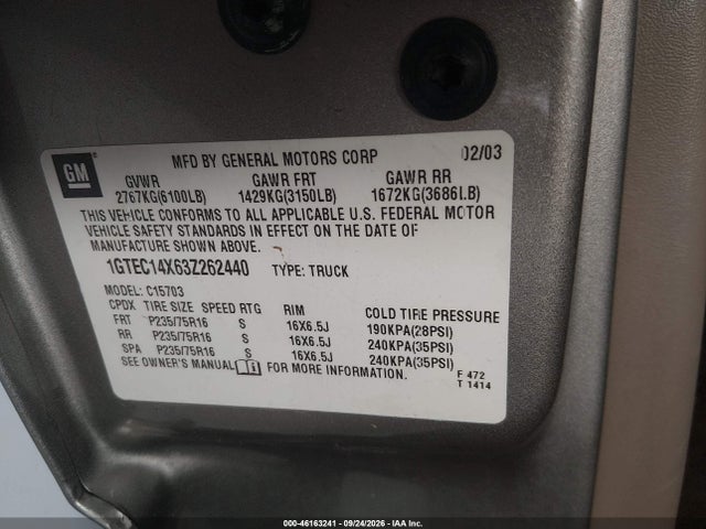 Aukcja sprzedaży 2003 Gmc Sierra 1500, vin: 1GTEC14X63Z262440, numer aukcji: 46163241