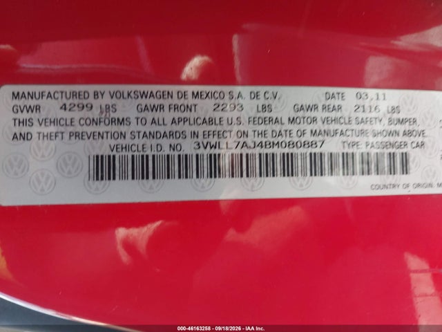 Продажа на аукционе авто 2011 Volkswagen Jetta 2.0l Tdi, vin: 3VWLL7AJ4BM080887, номер лота: 46163258