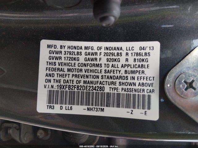 46163262 :رقم المزاد ، 19XFB2F82DE234280 vin ، 2013 Honda Civic Ex مزاد بيع