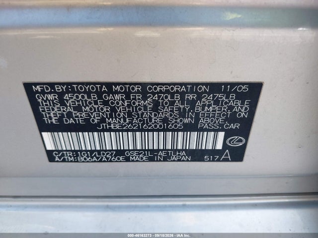 Aukcja sprzedaży 2006 Lexus Is 350, vin: JTHBE262162001605, numer aukcji: 46163273