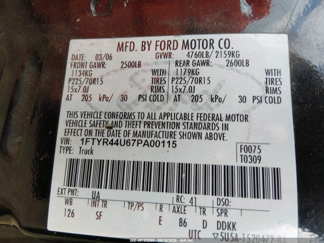 46163285 :رقم المزاد ، 1FTYR44U67PA00115 vin ، 2007 Ford Ranger Sport/stx/xlt مزاد بيع