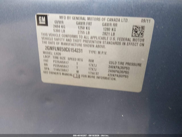 46163287 :رقم المزاد ، 2GNFLNE50C6154231 vin ، 2012 Chevrolet Equinox 2lt مزاد بيع
