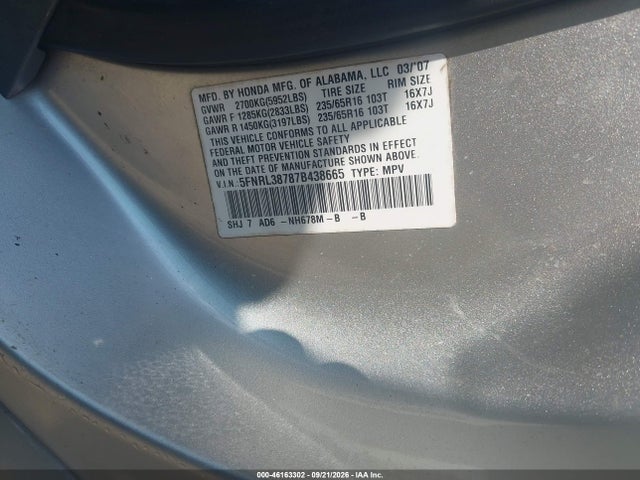 46163302 :رقم المزاد ، 5FNRL38787B438665 vin ، 2007 Honda Odyssey Ex-l مزاد بيع