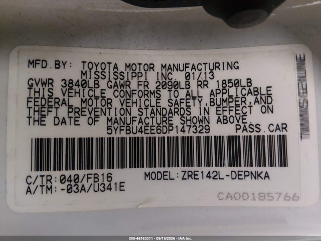 46163311 :رقم المزاد ، 5YFBU4EE6DP147329 vin ، 2013 Toyota Corolla Le مزاد بيع