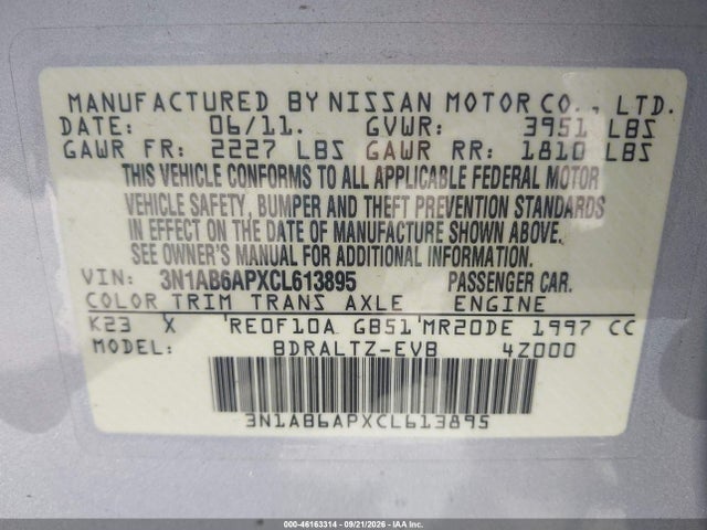 Aukcja sprzedaży 2012 Nissan Sentra 2.0 Sr, vin: 3N1AB6APXCL613895, numer aukcji: 46163314
