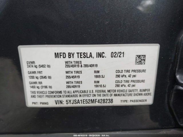 2021 Tesla Model S Long Range Dual Motor All-wheel Drive მანქანა იყიდება აუქციონზე, vin: 5YJSA1E52MF428238, აუქციონის ნომერი: 46163319