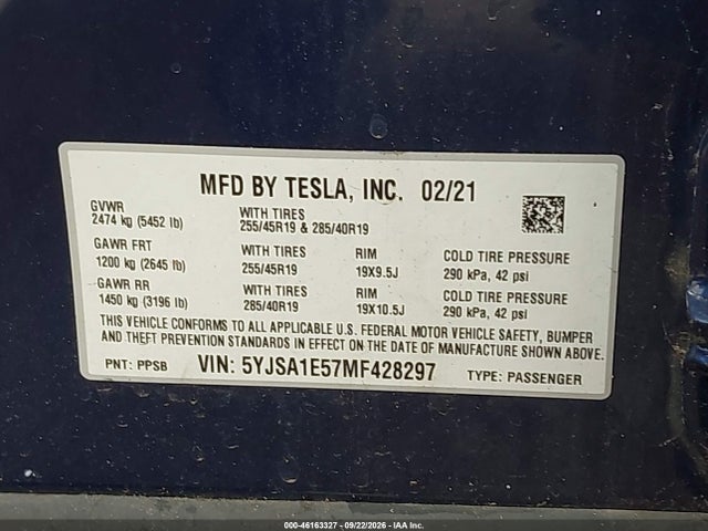 Aukcja sprzedaży 2021 Tesla Model S Long Range Dual Motor All-wheel Drive, vin: 5YJSA1E57MF428297, numer aukcji: 46163327