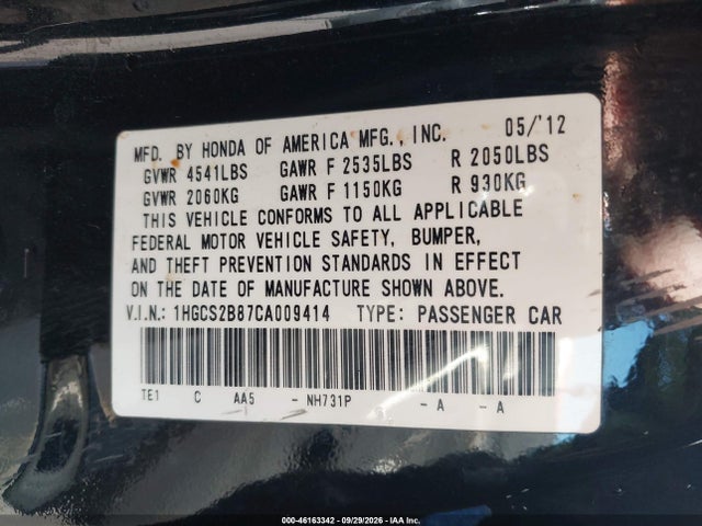 46163342 :رقم المزاد ، 1HGCS2B87CA009414 vin ، 2012 Honda Accord 3.5 Ex-l مزاد بيع