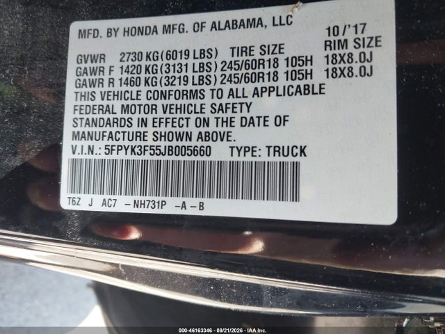 Продажа на аукционе авто 2018 Honda Ridgeline Rtl, vin: 5FPYK3F55JB005660, номер лота: 46163346