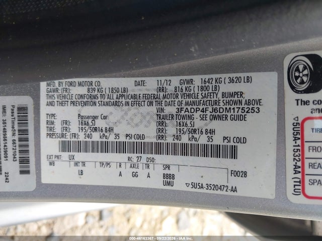 46163367 :رقم المزاد ، 3FADP4FJ6DM175253 vin ، 2013 Ford Fiesta Titanium مزاد بيع