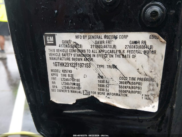 2002 Gmc Sierra 2500hd Sle მანქანა იყიდება აუქციონზე, vin: 1GTHK23122F197153, აუქციონის ნომერი: 46163379