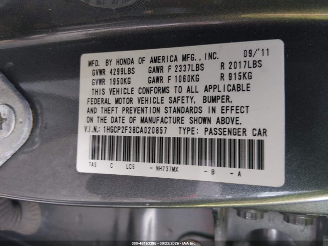 46163385 :رقم المزاد ، 1HGCP2F38CA020857 vin ، 2012 Honda Accord 2.4 Lx مزاد بيع
