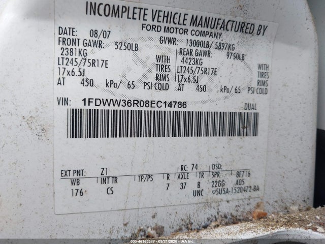 46163387 :رقم المزاد ، 1FDWW36R08EC14786 vin ، 2008 Ford F-350 Chassis Lariat/xl/xlt مزاد بيع