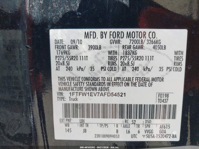 Продажа на аукционе авто 2010 Ford F-150 Fx4/harley-davidson/king Ranch/lariat/platinum/xl/xlt, vin: 1FTFW1EV7AFD54521, номер лота: 46163392