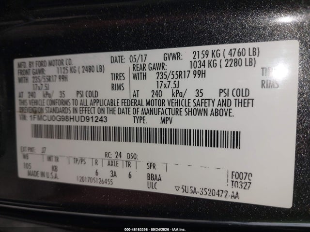 46163396 :رقم المزاد ، 1FMCU0G98HUD91243 vin ، 2017 Ford Escape Se مزاد بيع