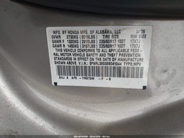 46163399 :رقم المزاد ، 5FNRL38938B041044 vin ، 2008 Honda Odyssey Touring مزاد بيع