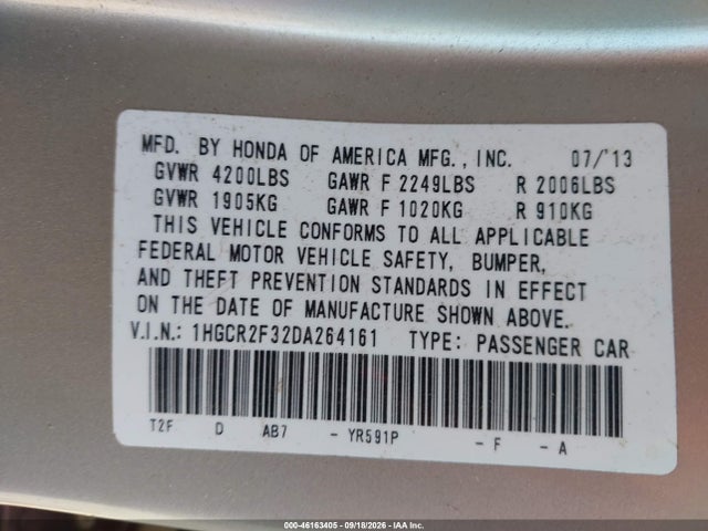 46163405 :رقم المزاد ، 1HGCR2F32DA264161 vin ، 2013 Honda Accord Lx مزاد بيع