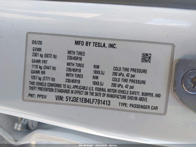 5YJ3E1EB4LF791413 Tesla Model 3 Long Range Dual Motor All-wheel Drive