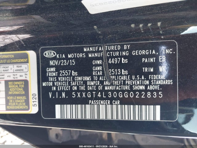 Aukcja sprzedaży 2016 Kia Optima Lx, vin: 5XXGT4L30GG022835, numer aukcji: 46163411