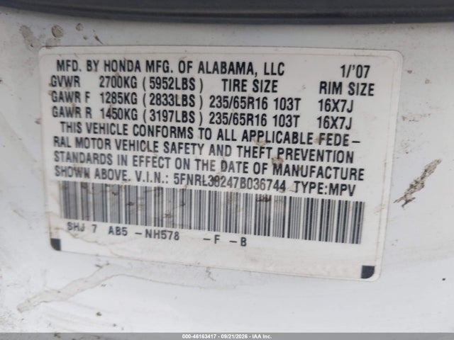 46163417 :رقم المزاد ، 5FNRL38247B036744 vin ، 2007 Honda Odyssey Lx مزاد بيع