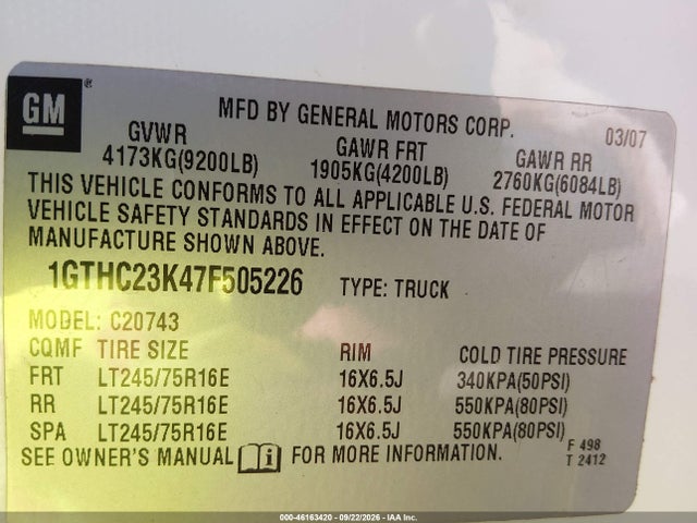 2007 Gmc Sierra 2500hd Work Truck მანქანა იყიდება აუქციონზე, vin: 1GTHC23K47F505226, აუქციონის ნომერი: 46163420