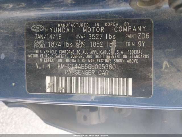 46163429 :رقم المزاد ، KMHCT4AE8GU095380 vin ، 2016 Hyundai Accent Se مزاد بيع