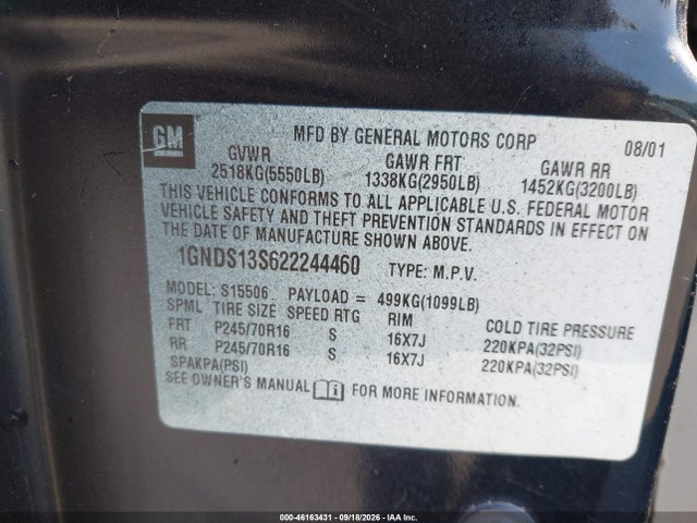 46163431 :رقم المزاد ، 1GNDS13S622244460 vin ، 2002 Chevrolet Trailblazer Lt مزاد بيع