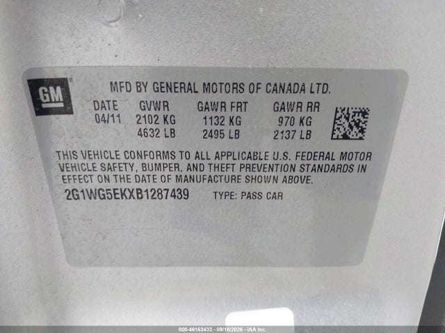 Aukcja sprzedaży 2011 Chevrolet Impala Lt, vin: 2G1WG5EKXB1287439, numer aukcji: 46163433