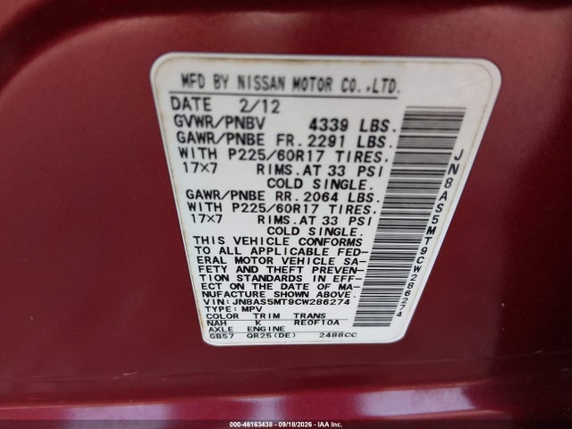 46163438 :رقم المزاد ، JN8AS5MT9CW286274 vin ، 2012 Nissan Rogue Sv مزاد بيع