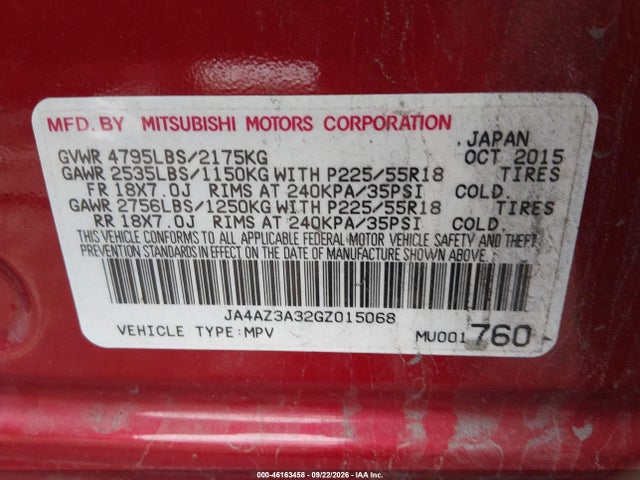 Продажа на аукционе авто 2016 Mitsubishi Outlander Es, vin: JA4AZ3A32GZ015068, номер лота: 46163458