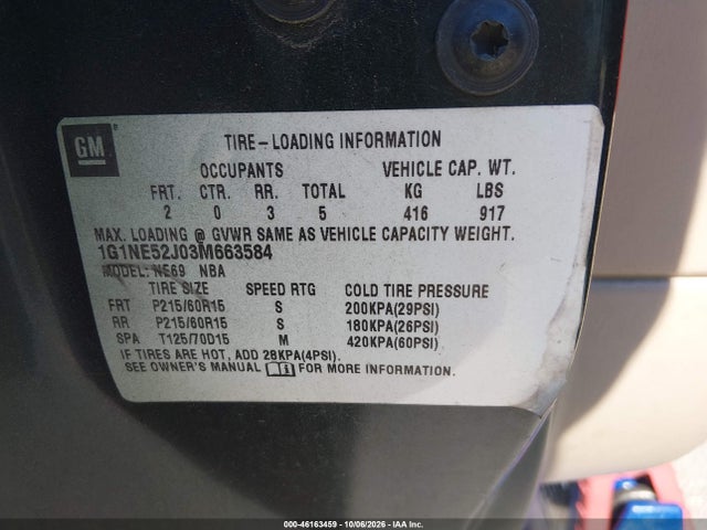 46163459 :رقم المزاد ، 1G1NE52J03M663584 vin ، 2003 Chevrolet Malibu Ls مزاد بيع