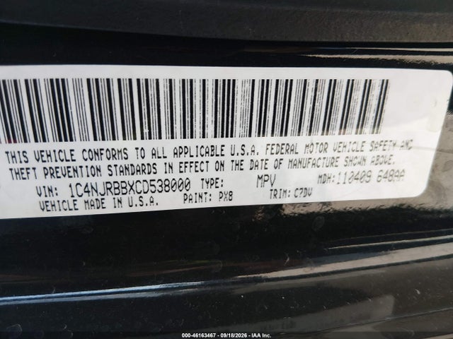 2012 Jeep Patriot Sport მანქანა იყიდება აუქციონზე, vin: 1C4NJRBBXCD538000, აუქციონის ნომერი: 46163467