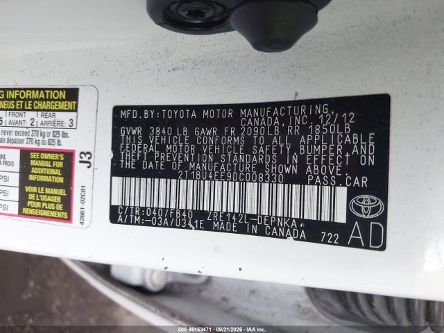 2013 Toyota Corolla Le მანქანა იყიდება აუქციონზე, vin: 2T1BU4EE9DC008330, აუქციონის ნომერი: 46163471