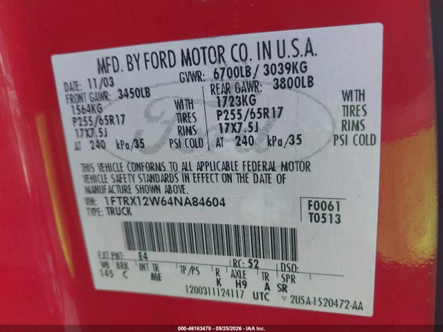 Aukcja sprzedaży 2004 Ford F-150 Stx/xl/xlt, vin: 1FTRX12W64NA84604, numer aukcji: 46163478