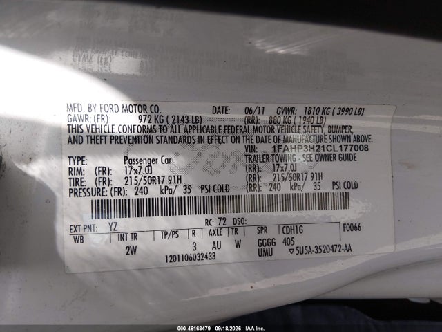 46163479 :رقم المزاد ، 1FAHP3H21CL177008 vin ، 2012 Ford Focus Sel مزاد بيع