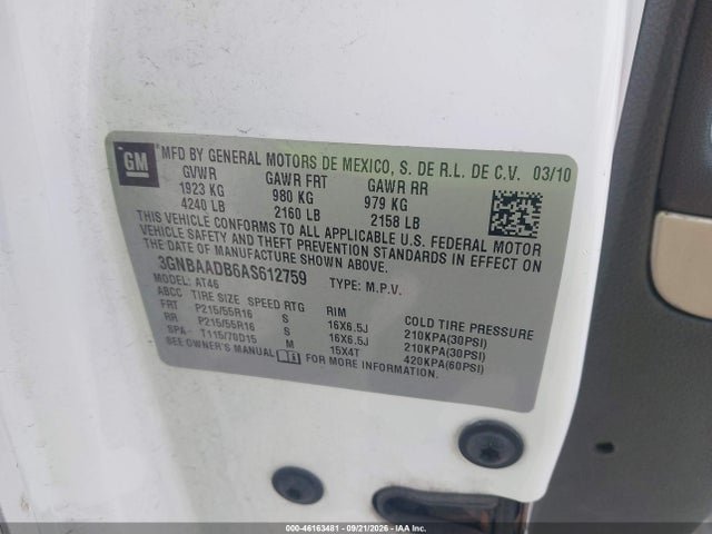 Продажа на аукционе авто 2010 Chevrolet Hhr Ls, vin: 3GNBAADB6AS612759, номер лота: 46163481