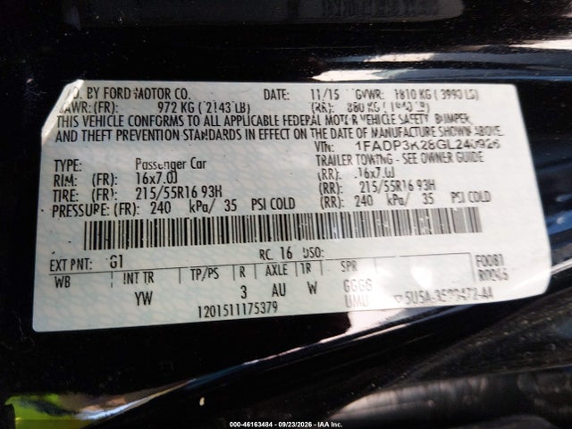 2016 Ford Focus Se მანქანა იყიდება აუქციონზე, vin: 1FADP3K28GL240926, აუქციონის ნომერი: 46163484