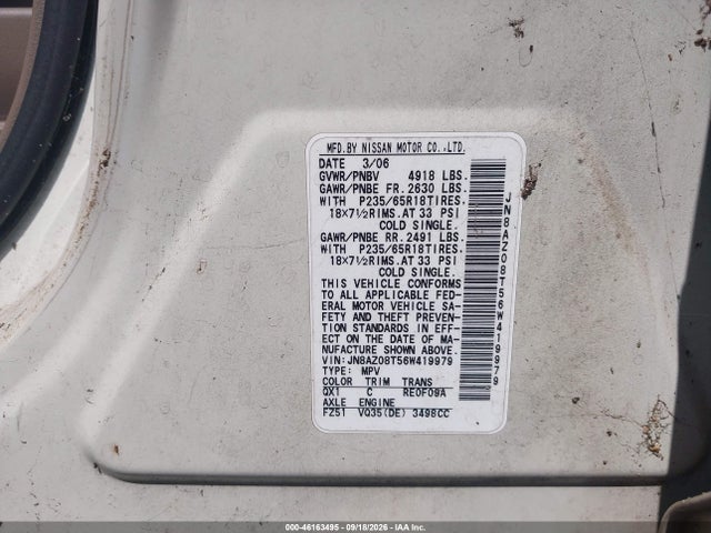 Aukcja sprzedaży 2006 Nissan Murano S, vin: JN8AZ08T56W419979, numer aukcji: 46163495