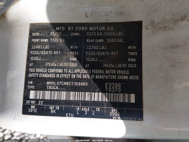 Продаж на аукціоні авто 2012 Ford Transit Connect Xl, vin: NM0LS7CN6CT109960, номер лоту: 46163497
