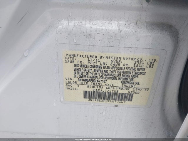46163499 :رقم المزاد ، 3N1AB6AP0CL677167 vin ، 2012 Nissan Sentra 2.0 S مزاد بيع