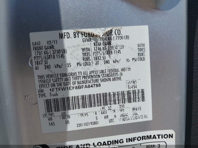 46163500 :رقم المزاد ، 1FTFW1EF8BFA84788 vin ، 2011 Ford F-150 Xlt مزاد بيع