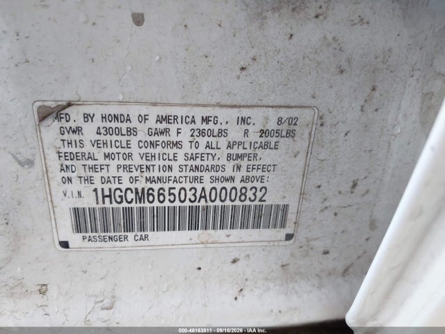 Продаж на аукціоні авто 2003 Honda Accord 3.0 Ex, vin: 1HGCM66503A000832, номер лоту: 46163511