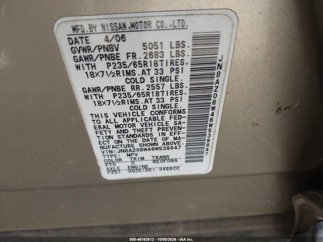 46163512 :رقم المزاد ، JN8AZ08W46W539847 vin ، 2006 Nissan Murano S مزاد بيع