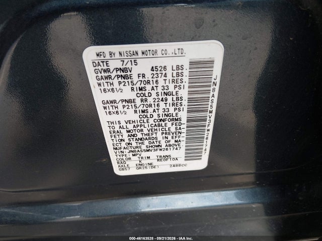 2015 Nissan Rogue Select S მანქანა იყიდება აუქციონზე, vin: JN8AS5MV3FW261747, აუქციონის ნომერი: 46163528