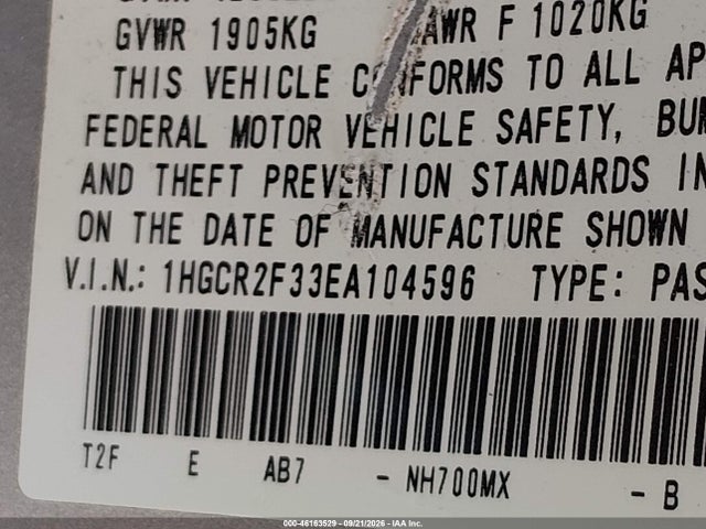 2014 Honda Accord Lx მანქანა იყიდება აუქციონზე, vin: 1HGCR2F33EA104596, აუქციონის ნომერი: 46163529
