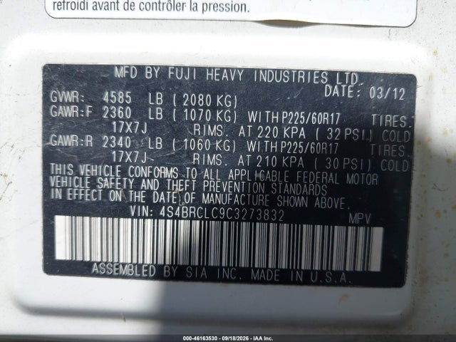 46163530 :رقم المزاد ، 4S4BRCLC9C3273832 vin ، 2012 Subaru Outback 2.5i Limited مزاد بيع